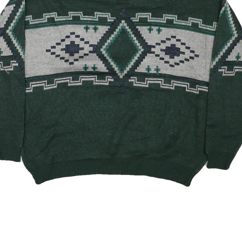 Mens Green Grey Patterned Wool Jumper Cable Knit L Crew Neck Relaxed Fit