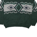 Mens Green Grey Patterned Wool Jumper Cable Knit L Crew Neck Relaxed Fit