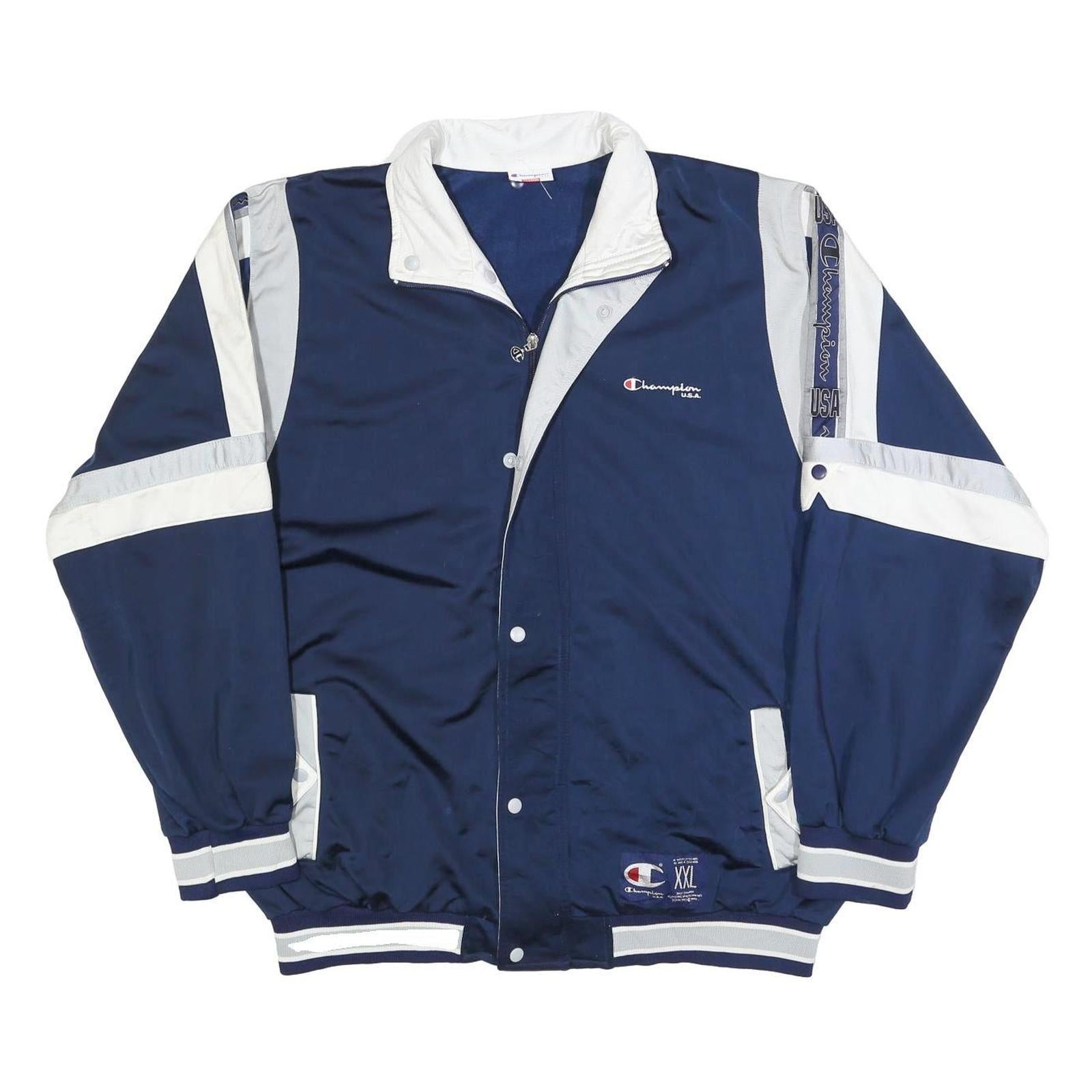 CHAMPION Mens Navy Blue & White Track Jacket 2XL Polyester Blend Logo Zip