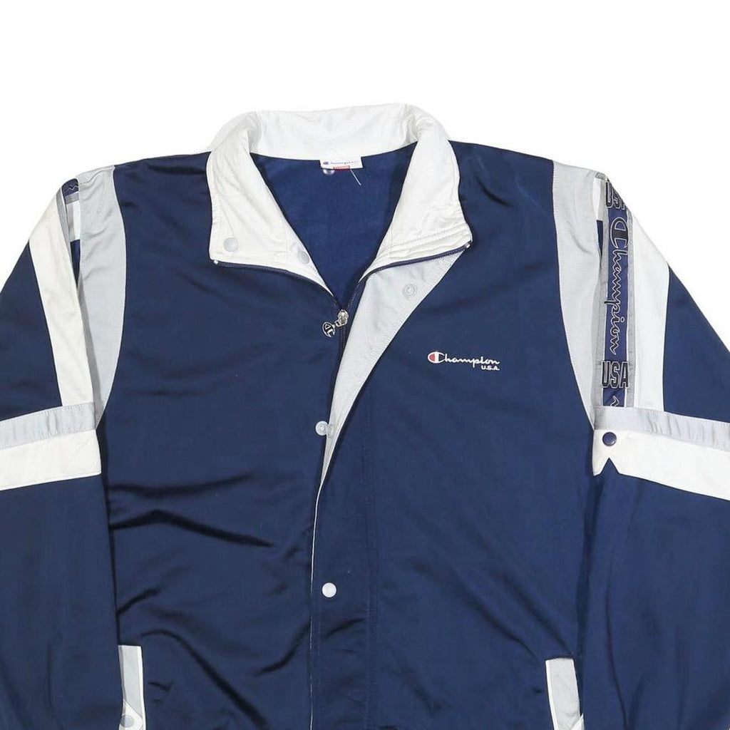 CHAMPION Mens Navy Blue & White Track Jacket 2XL Polyester Blend Logo Zip