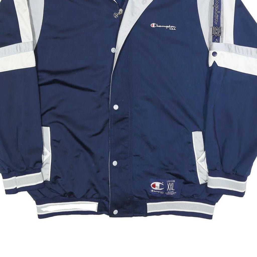 CHAMPION Mens Navy Blue & White Track Jacket 2XL Polyester Blend Logo Zip