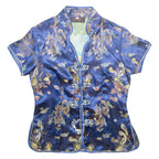 XUAN TANG Womens Printed Top Blue V-Neck Crazy Pattern M