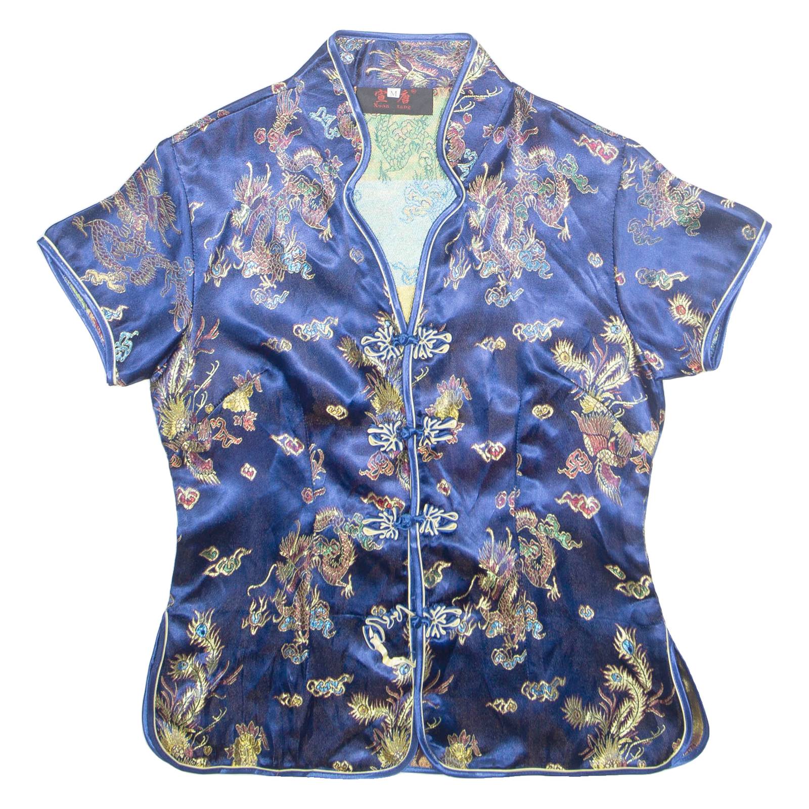XUAN TANG Womens Printed Top Blue V-Neck Crazy Pattern M
