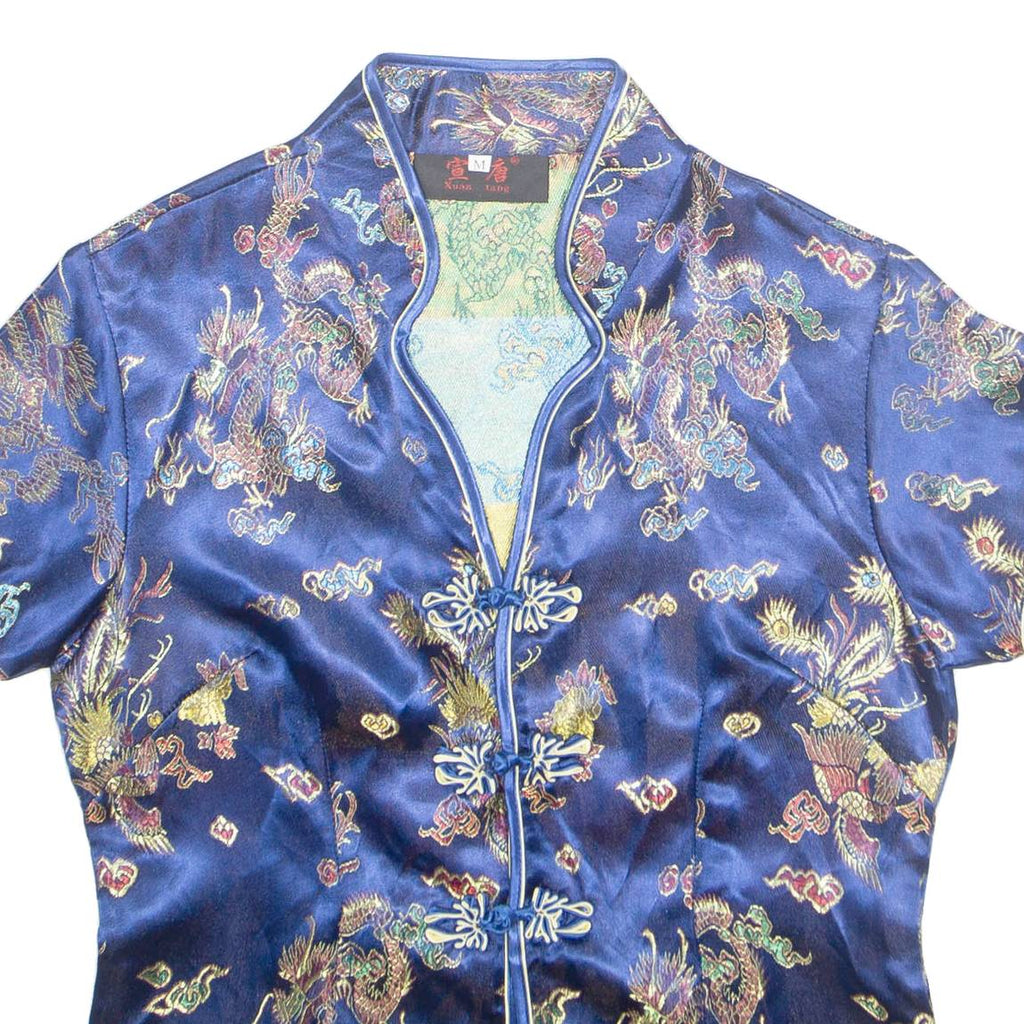 XUAN TANG Womens Printed Top Blue V-Neck Crazy Pattern M