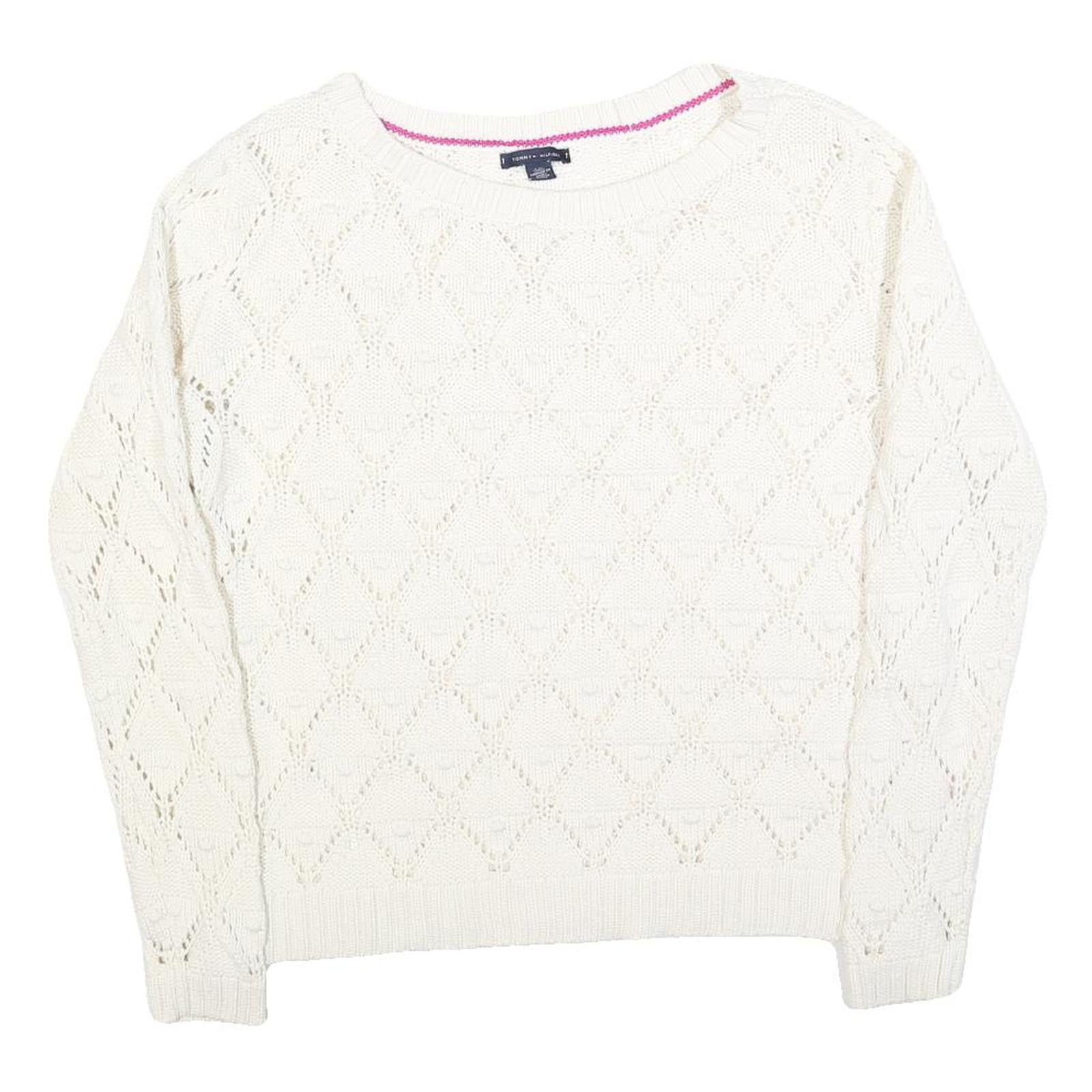 TOMMY HILFIGER Womens White Patterned Jumper Crew Neck Basic Knit L Cotton Blend