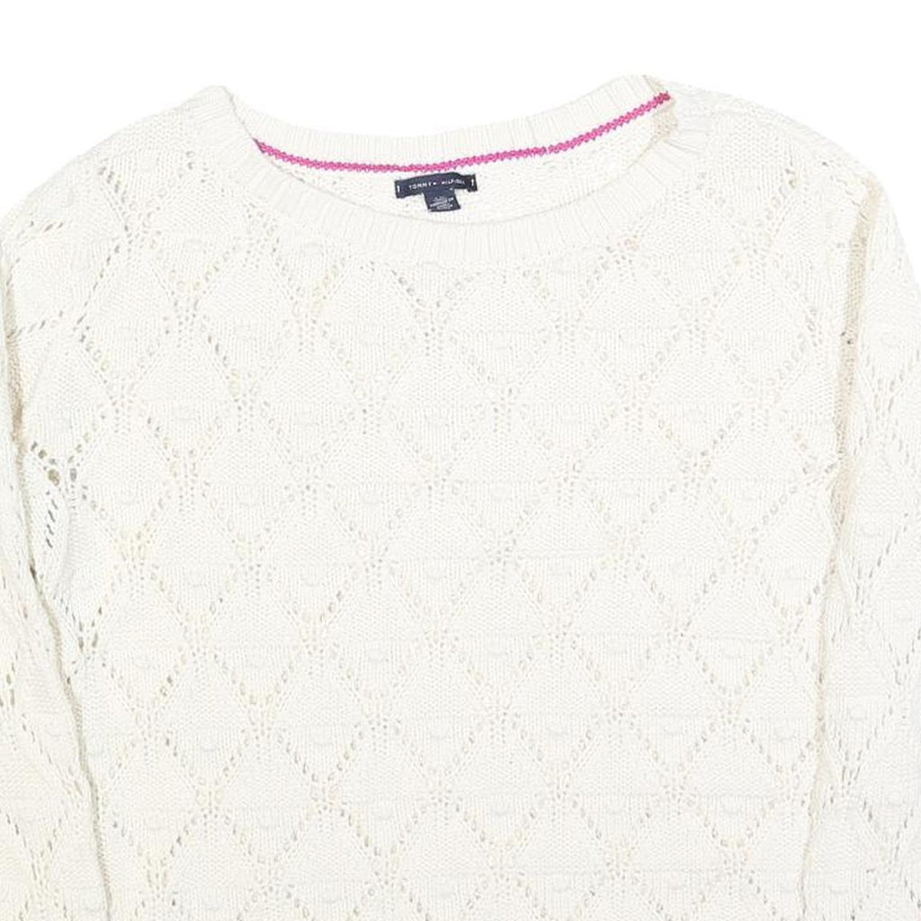 TOMMY HILFIGER Womens White Patterned Jumper Crew Neck Basic Knit L Cotton Blend