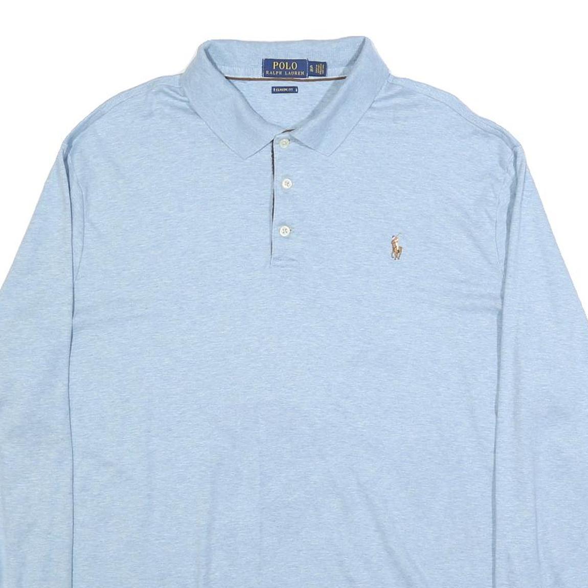 POLO RALPH LAUREN Mens Blue Long Sleeve Plain Polo Shirt XL Classic Style Casual