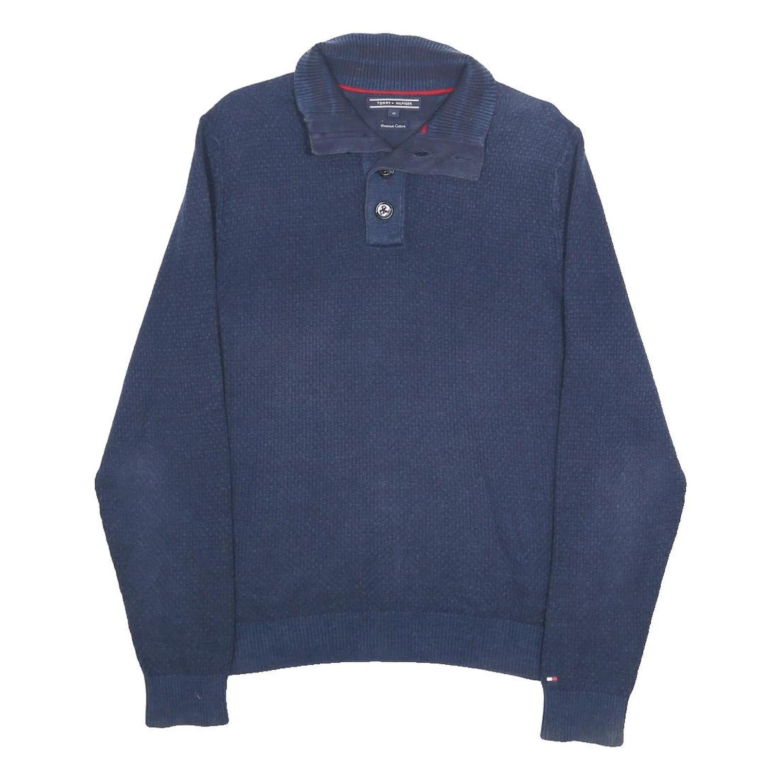 TOMMY HILFIGER Mens Blue Plain Cotton Jumper Button Neck Basic Knit M Casual