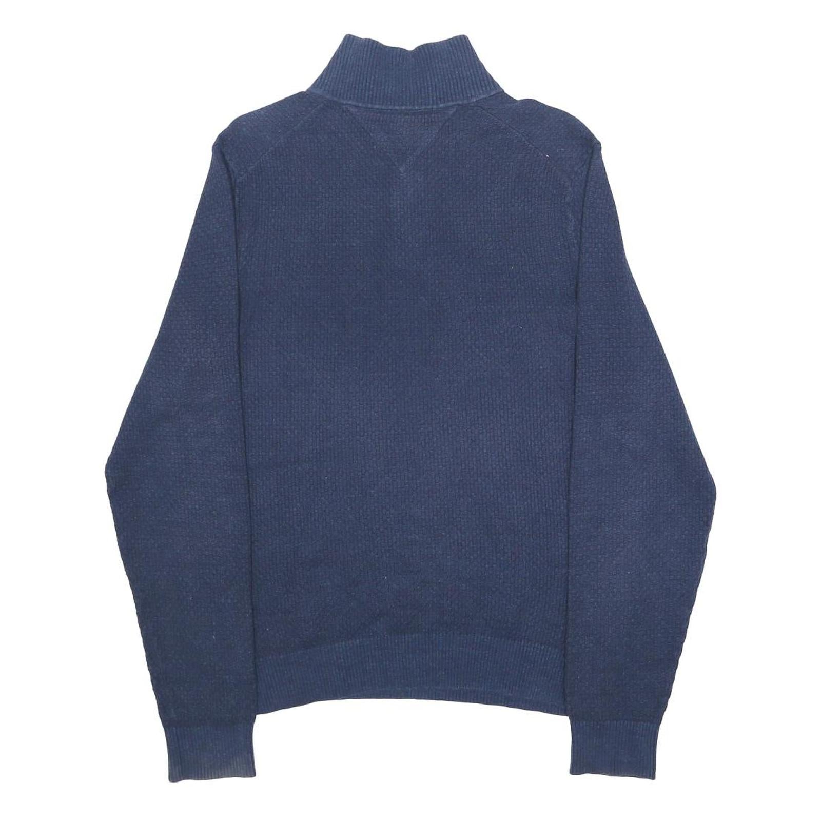 TOMMY HILFIGER Mens Blue Plain Cotton Jumper Button Neck Basic Knit M Casual