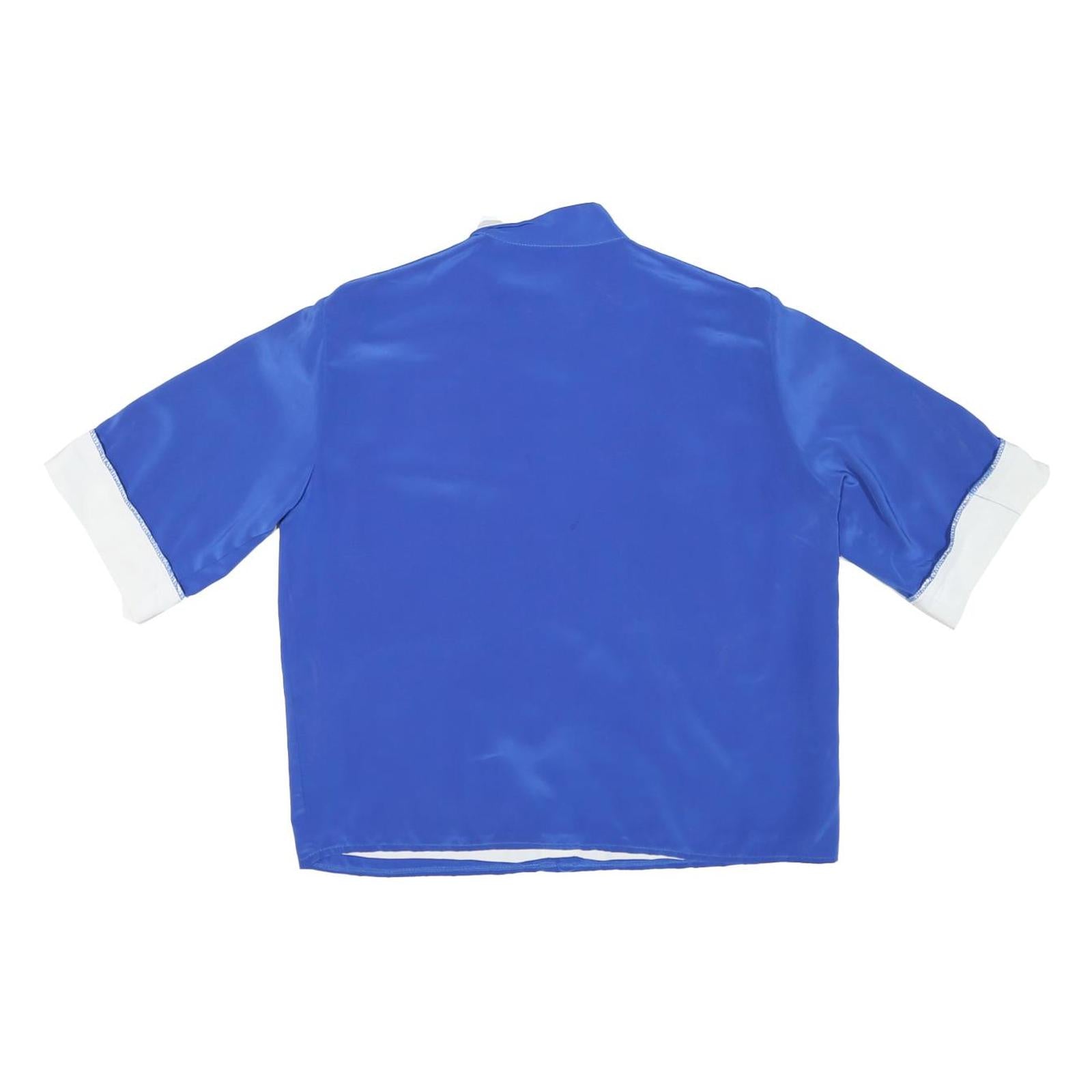 Womens Blue & White Plain Top Short Sleeve Stand-Up Collar Button Closure M