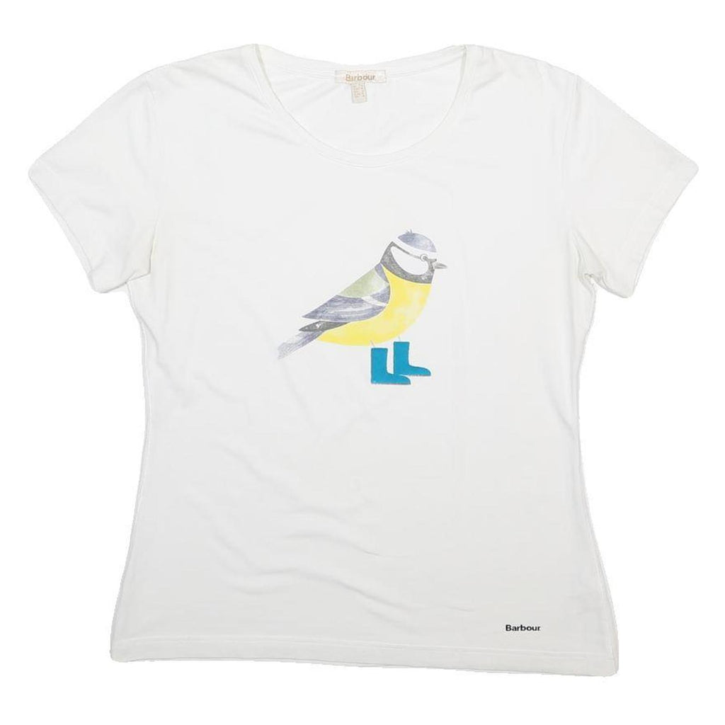 BARBOUR Womens White T-Shirt UK 14 Short Sleeve Scoop Neck Graphic Print Cotton