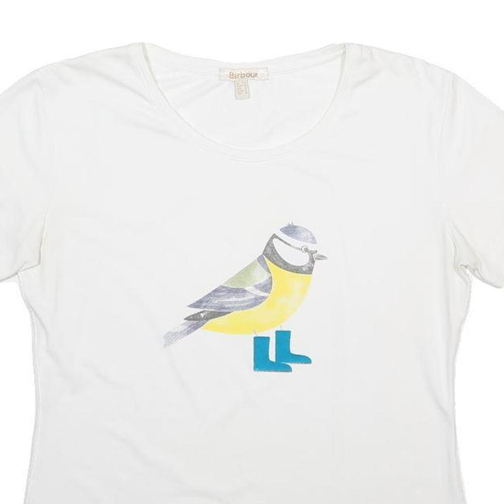 BARBOUR Womens White T-Shirt UK 14 Short Sleeve Scoop Neck Graphic Print Cotton