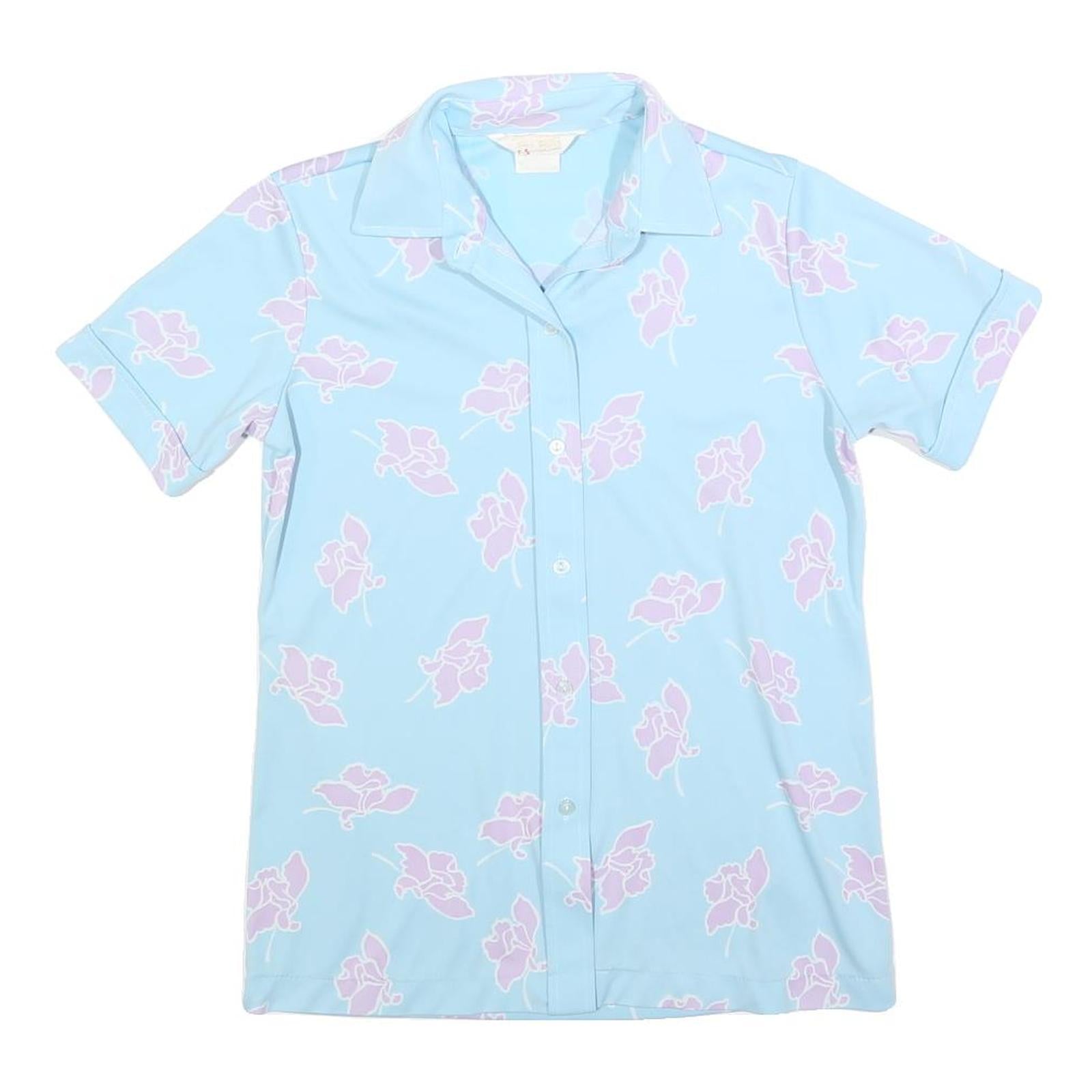 Womens Blue & Pink Floral Printed Shirt Short Sleeve Collared S Summer