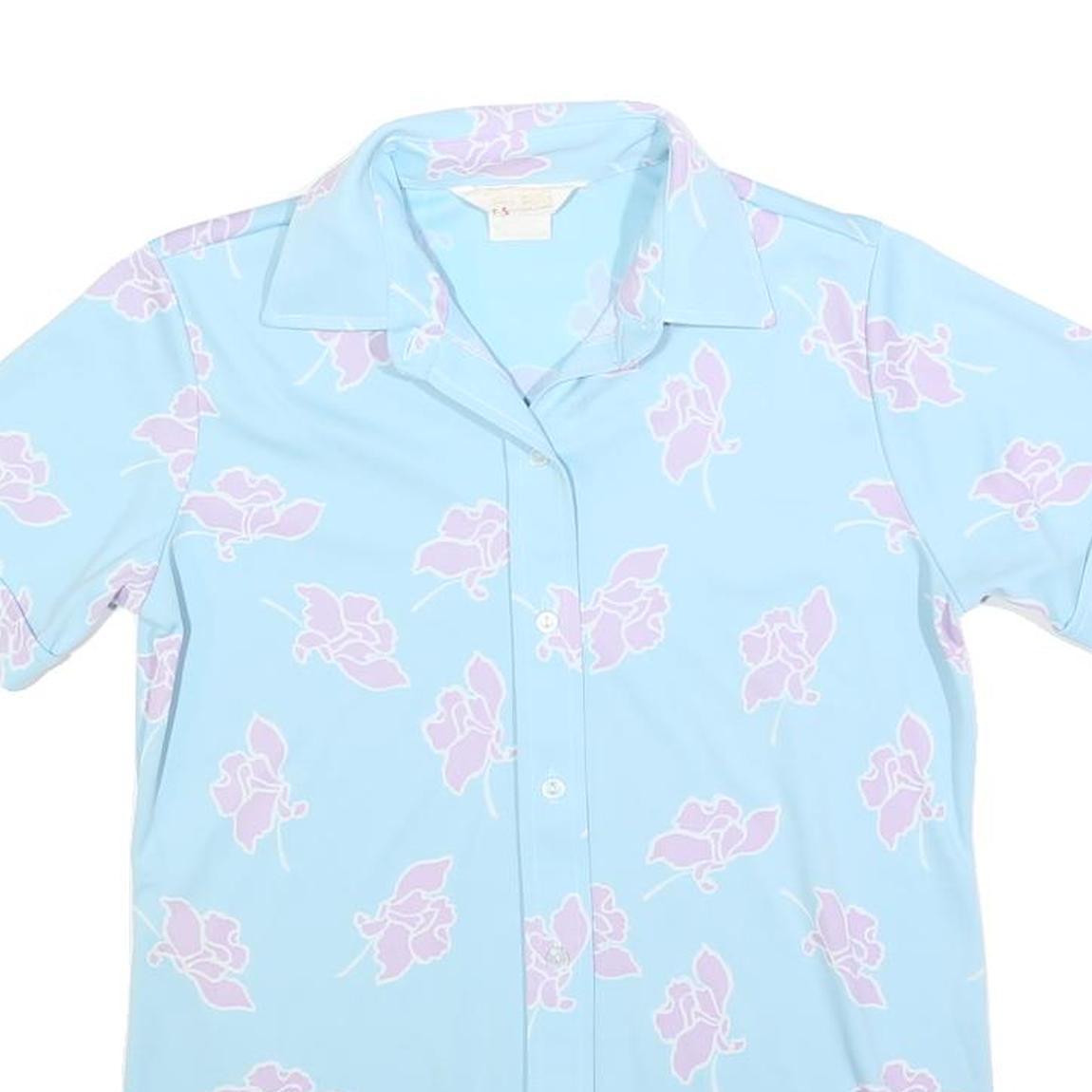 Womens Blue & Pink Floral Printed Shirt Short Sleeve Collared S Summer