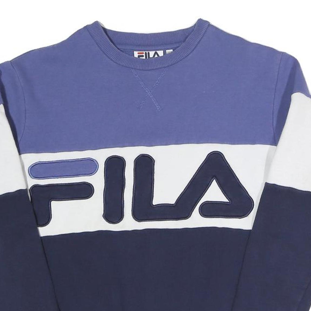 FILA Womens Blue & White Logo Crew Neck UK 6 Cotton Blend Sweatshirt Pullover