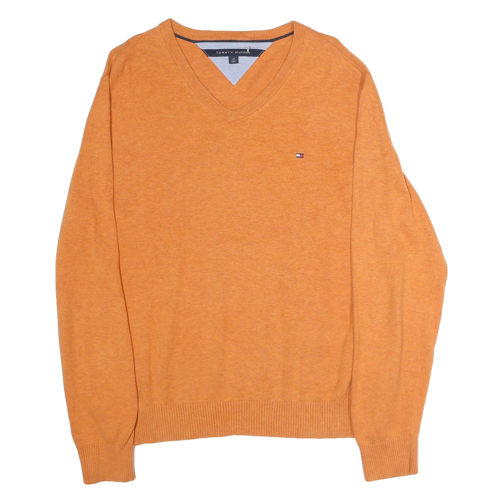 TOMMY HILFIGER Mens Orange Jumper V-Neck Basic Knit L Cotton Pullover