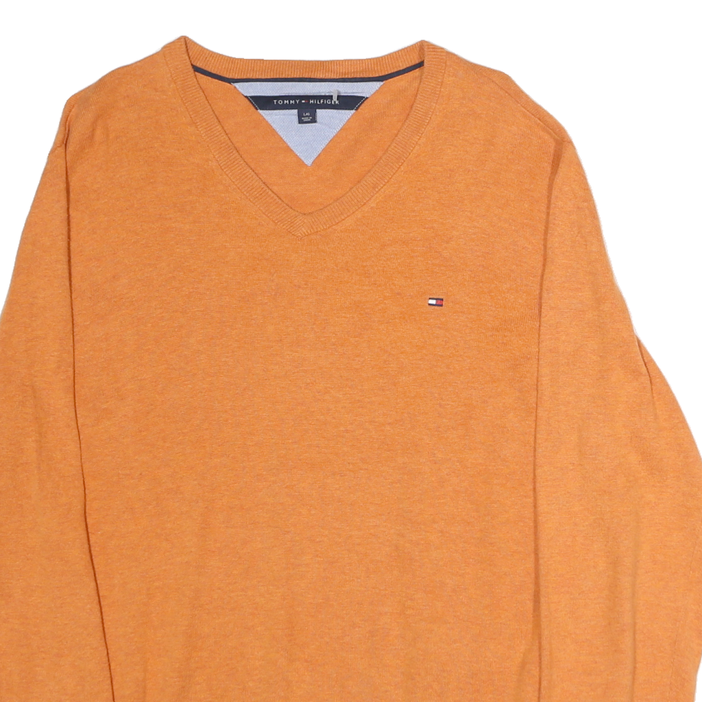 TOMMY HILFIGER Mens Orange Jumper V-Neck Basic Knit L Cotton Pullover