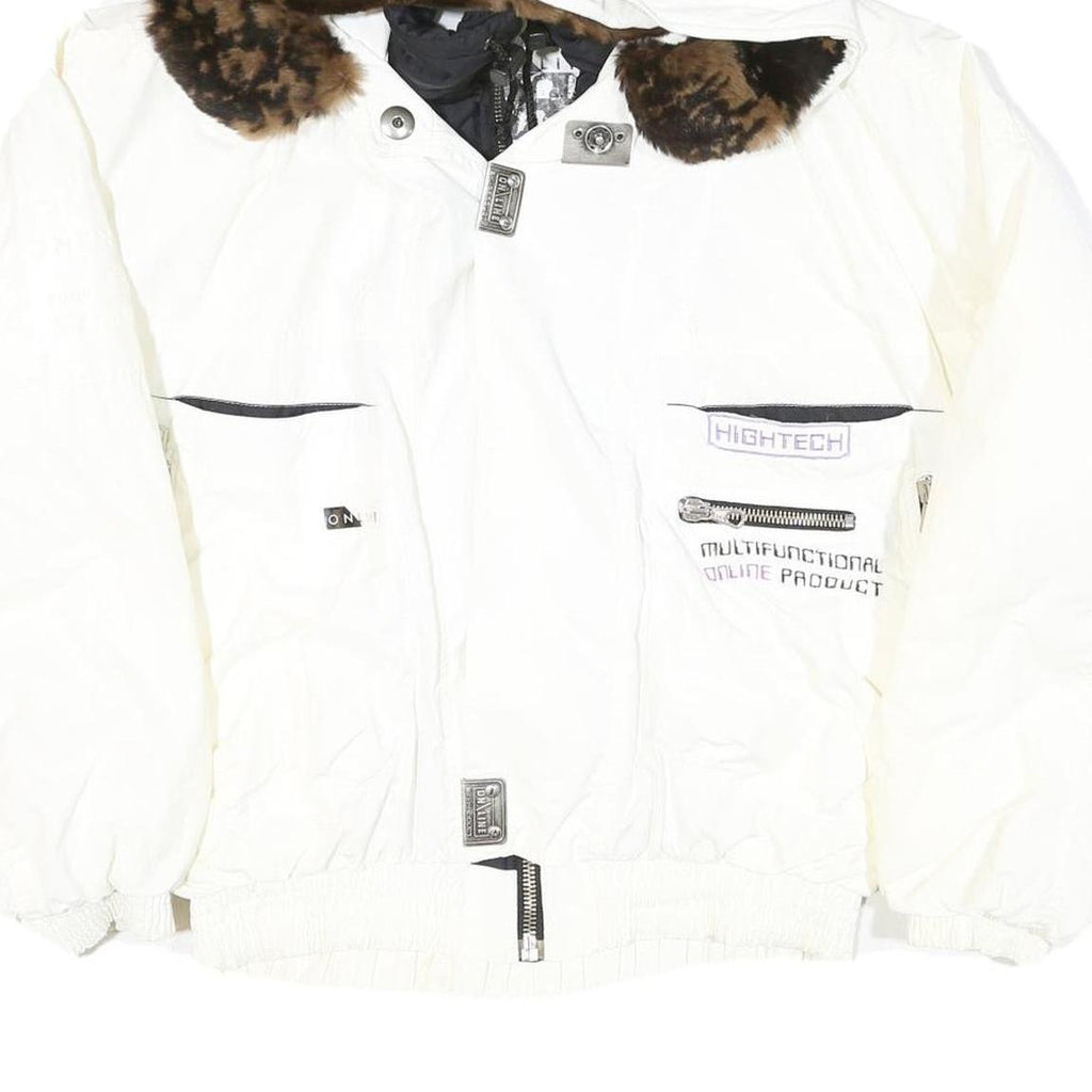 ONLINE Mens White Faux Fur Collar Zip Jacket L Polyester Blend Casual Outerwear