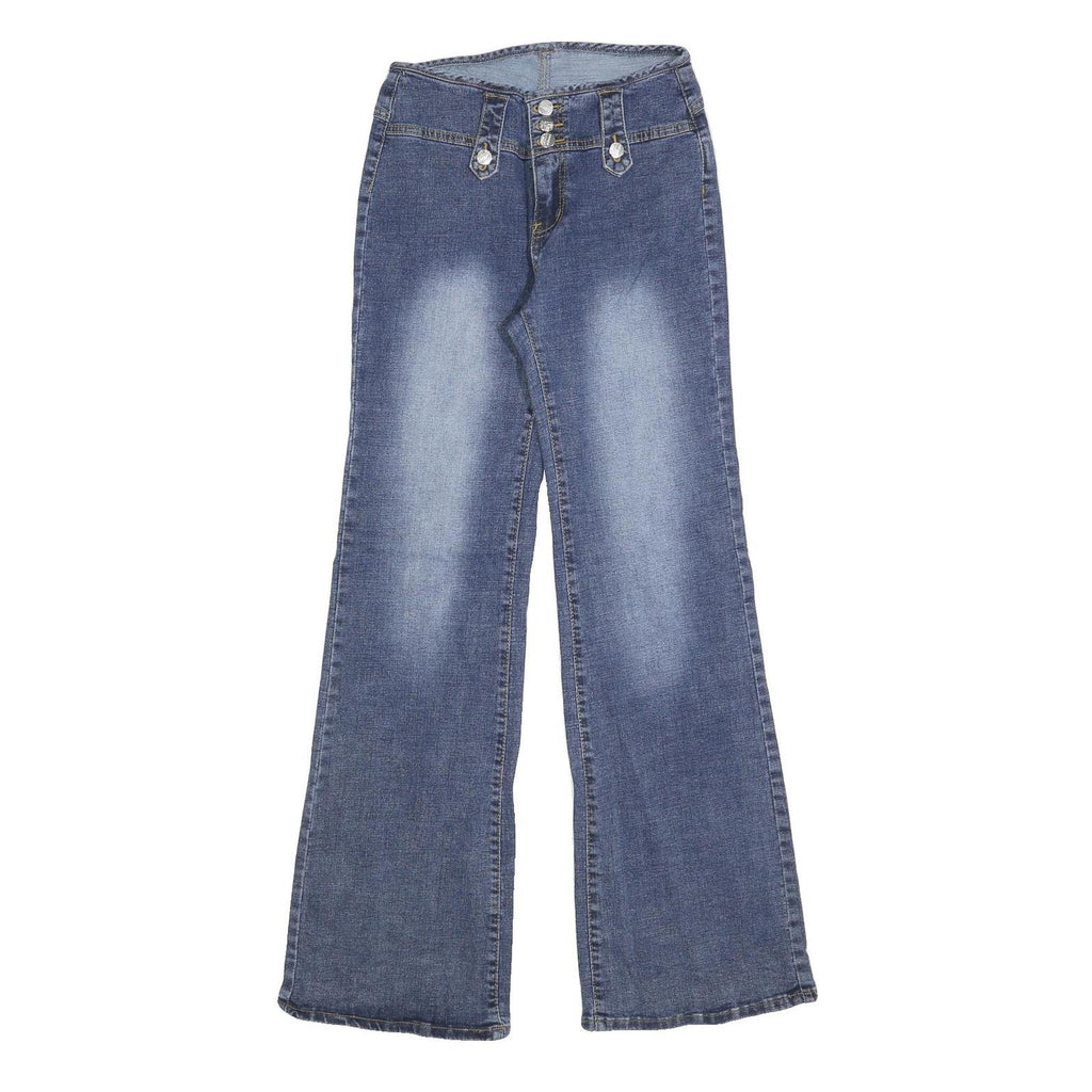 Womens Blue Regular Fit Flared Denim Jeans Cotton Blend W26 L32 Stylish Buttons