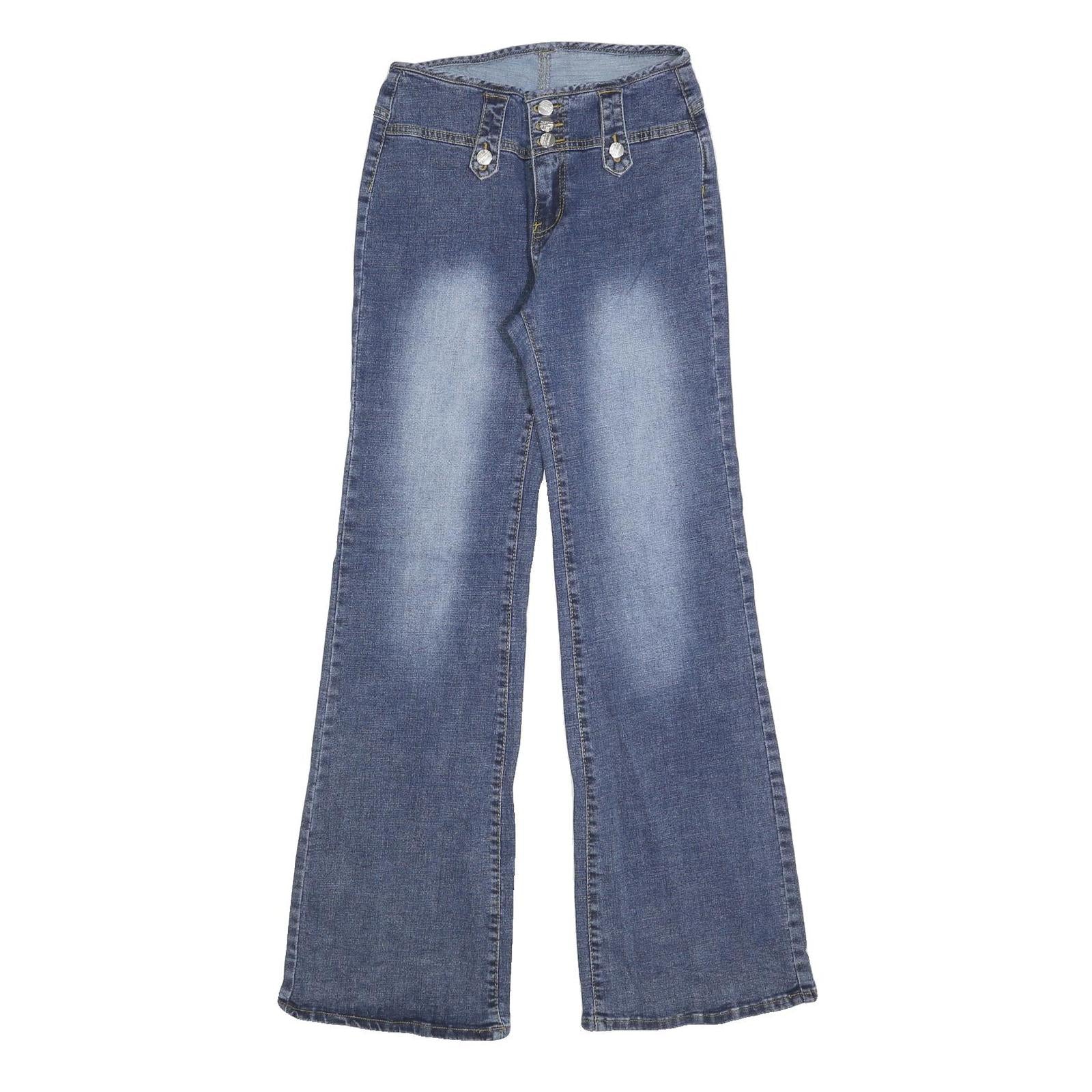 Womens Blue Regular Fit Flared Denim Jeans Cotton Blend W26 L32 Stylish Buttons