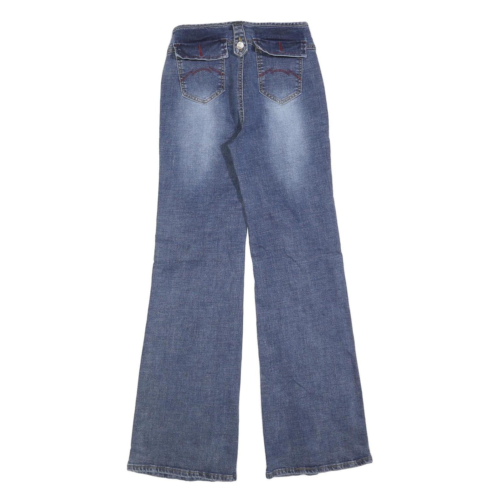 Womens Blue Regular Fit Flared Denim Jeans Cotton Blend W26 L32 Stylish Buttons