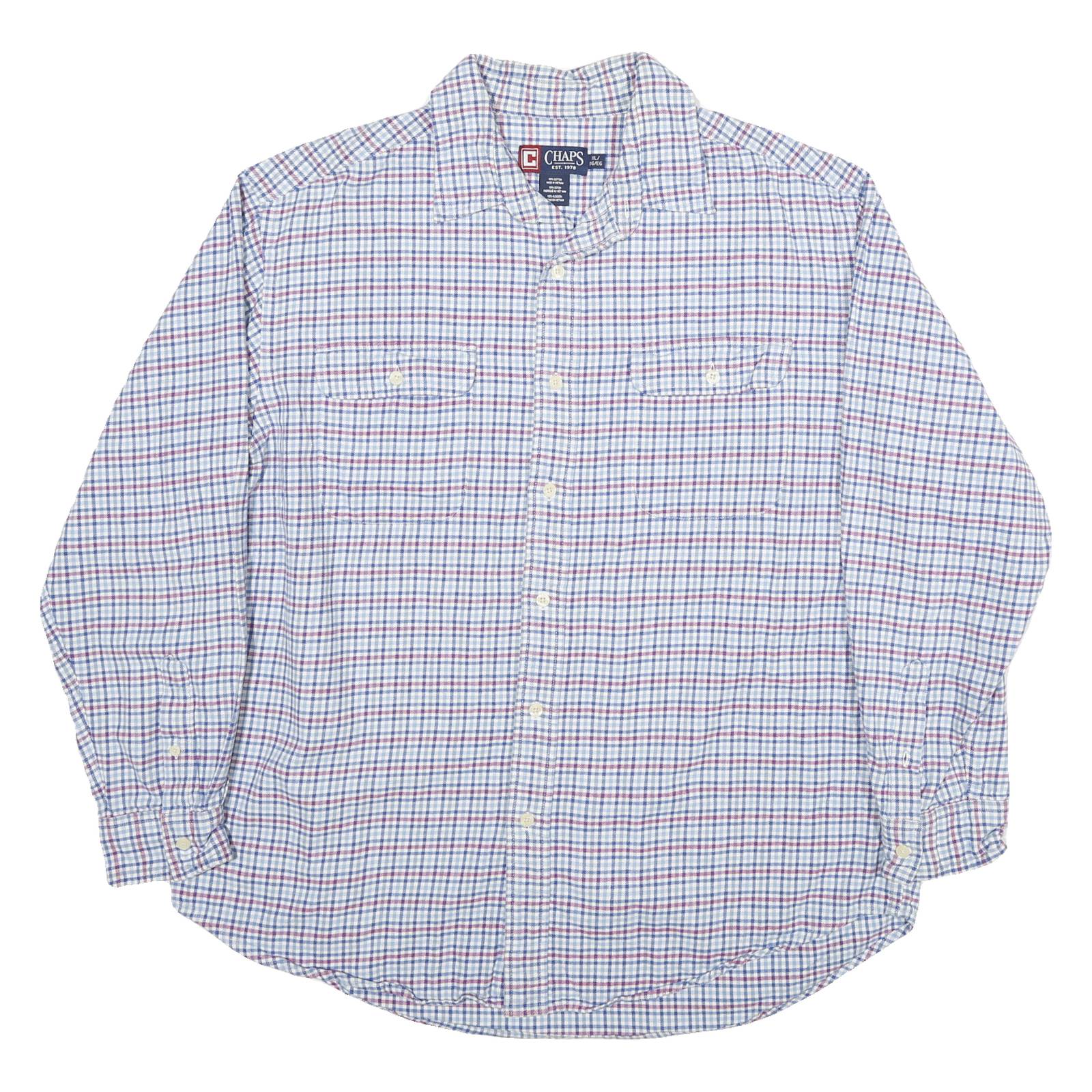 CHAPS Mens White & Blue Check Shirt XL Cotton Blend Long Sleeve Casual