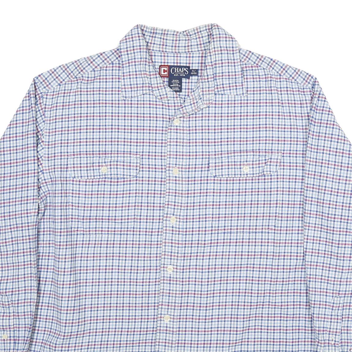 CHAPS Mens White & Blue Check Shirt XL Cotton Blend Long Sleeve Casual