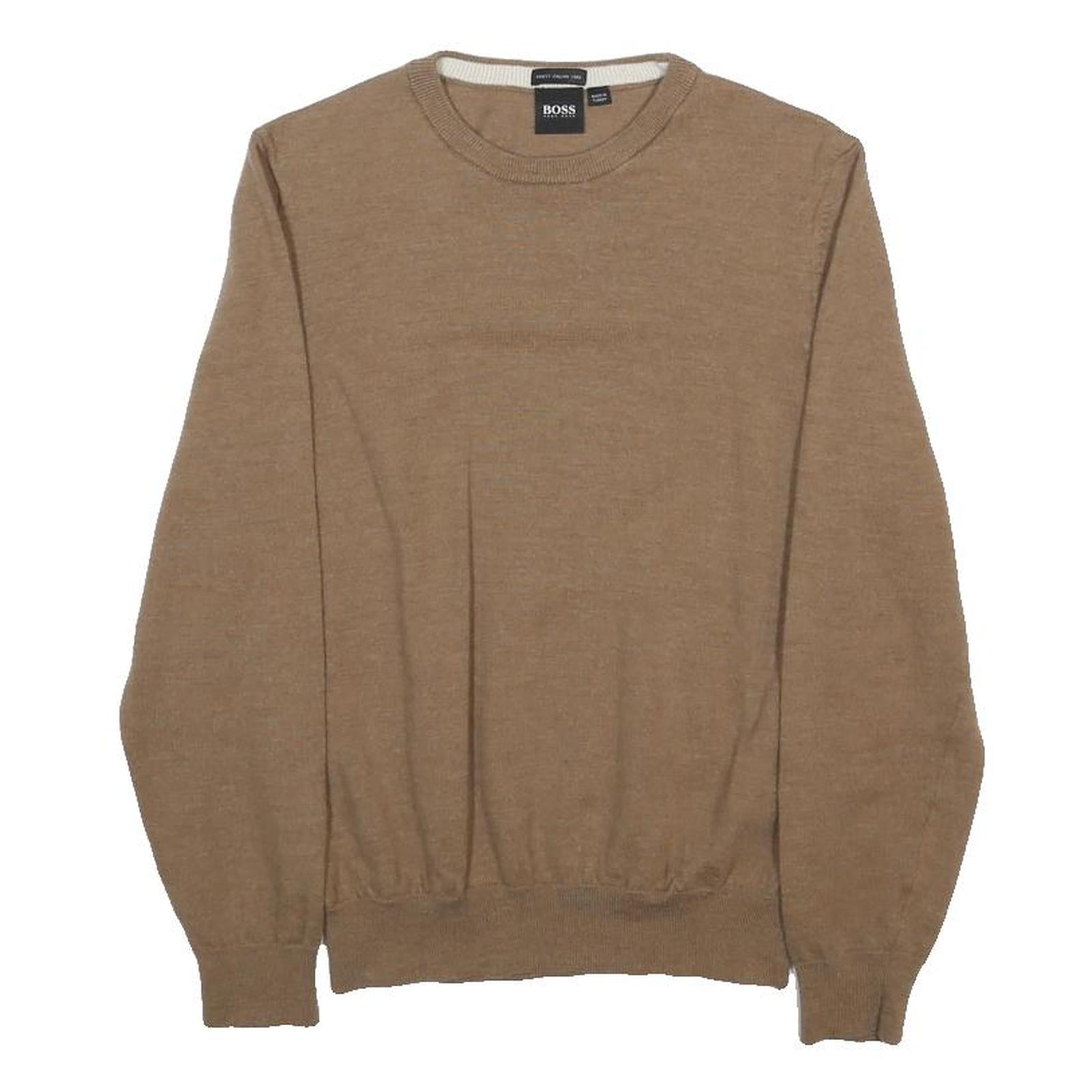 BOSS HUGO BOSS Boys Brown Plain Wool Jumper Crew Neck Basic Knit M Casual