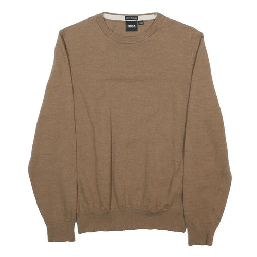 BOSS HUGO BOSS Boys Brown Plain Wool Jumper Crew Neck Basic Knit M Casual