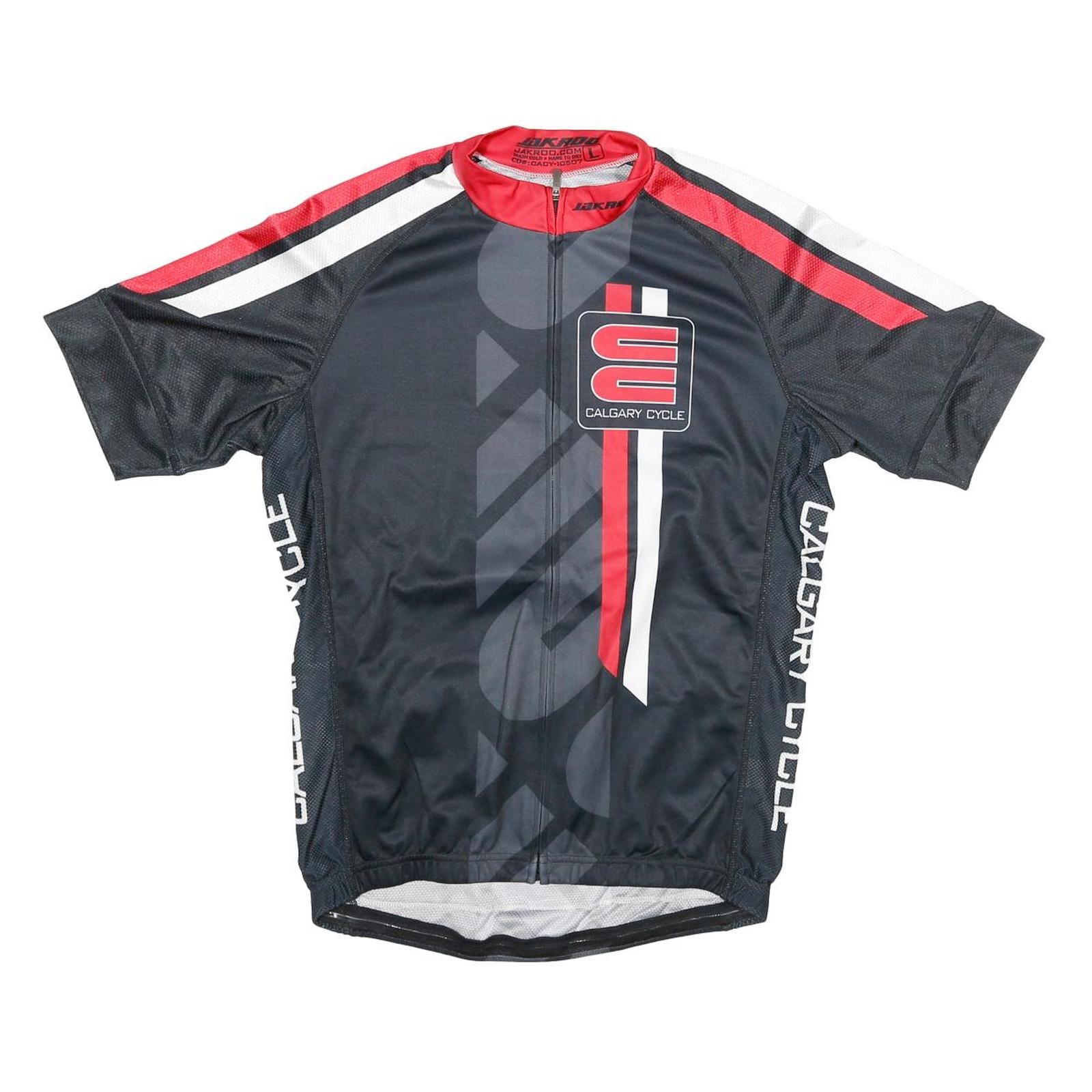 JAKROO Mens Black Red & White Calgary Cycle Cycling Jersey L Short Sleeve Zip