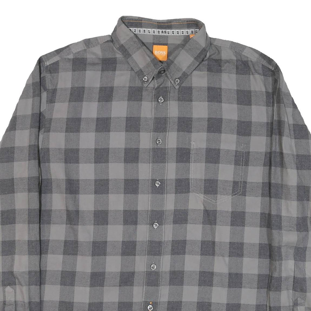 BOSS Mens Grey Check Shirt XL Button-Down Collar Long Sleeve Cotton Blend Smart