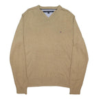 TOMMY HILFIGER Mens Beige Patterned Jumper V-Neck Basic Knit L Cotton Blend