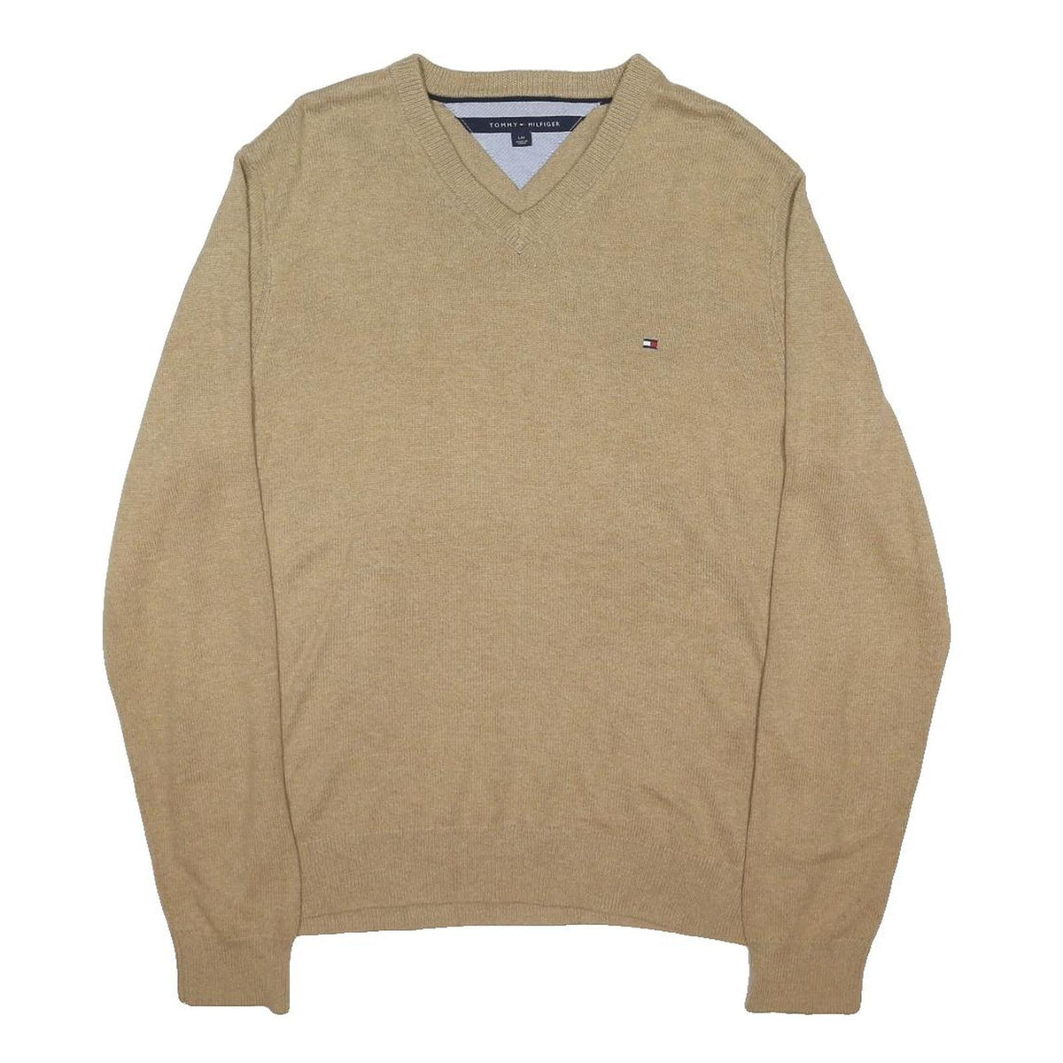 TOMMY HILFIGER Mens Beige Patterned Jumper V-Neck Basic Knit L Cotton Blend