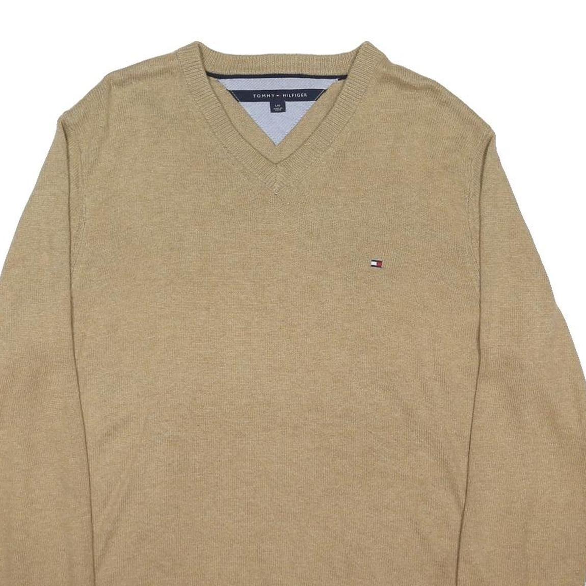 TOMMY HILFIGER Mens Beige Patterned Jumper V-Neck Basic Knit L Cotton Blend