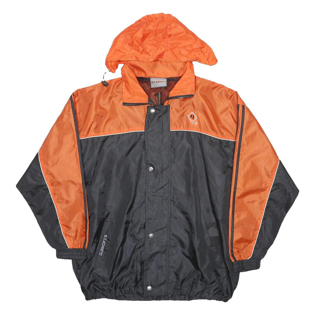 USA SPORTS Mens Orange & Black Nylon Track Jacket L Zip Hooded Casual