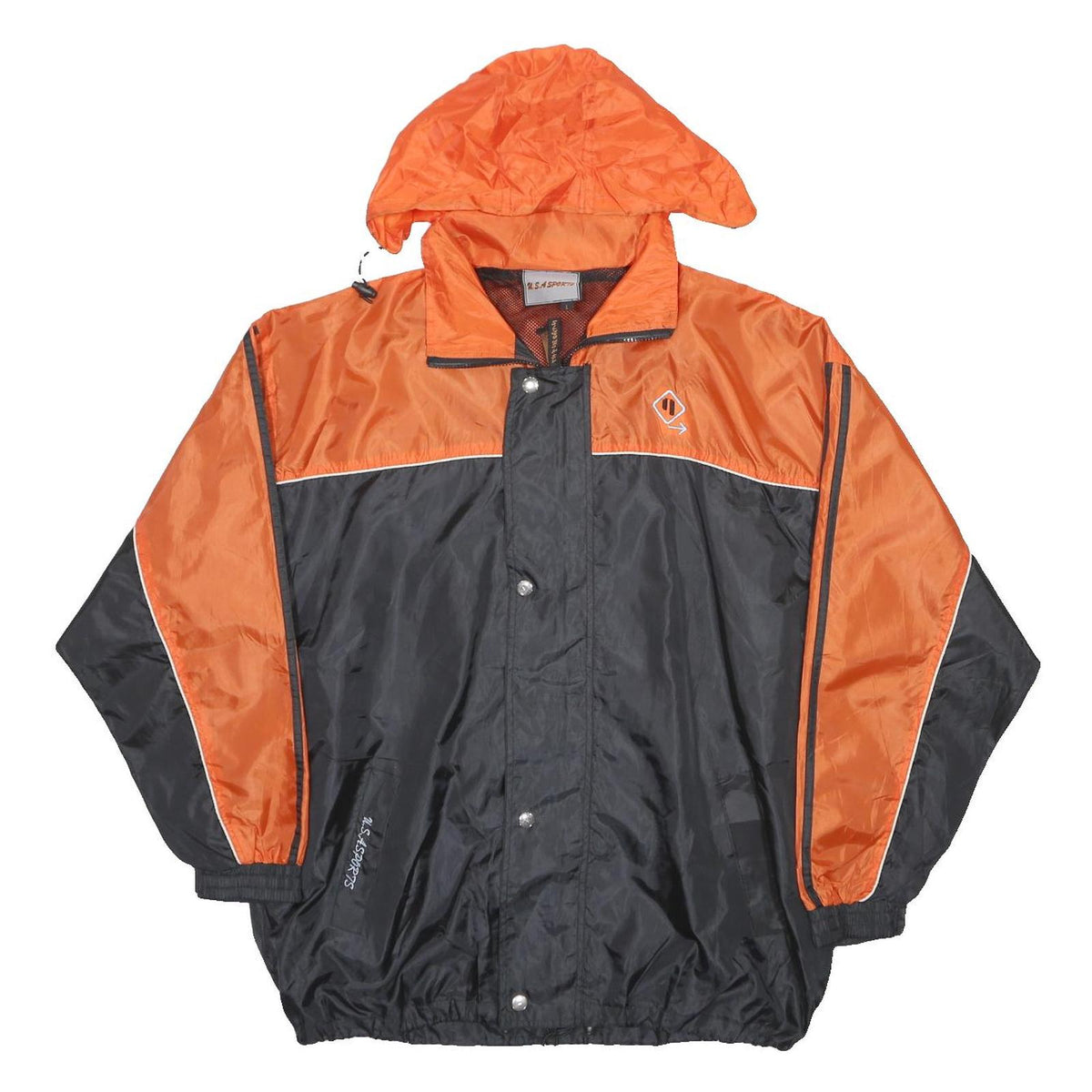 USA SPORTS Mens Orange & Black Nylon Track Jacket L Zip Hooded Casual