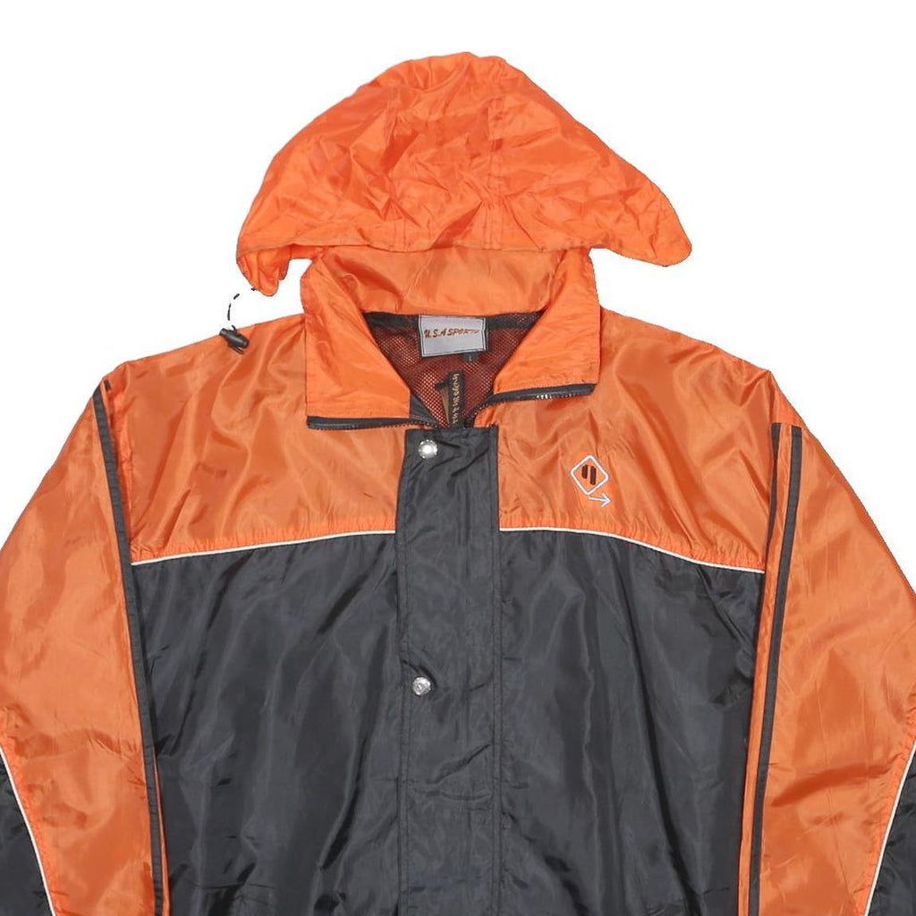 USA SPORTS Mens Orange & Black Nylon Track Jacket L Zip Hooded Casual