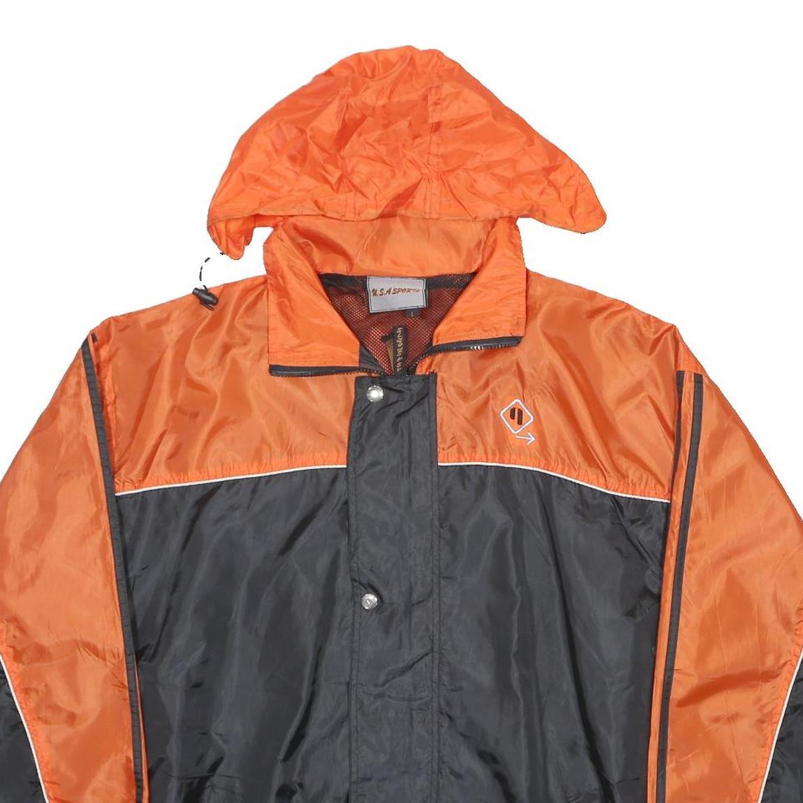 USA SPORTS Mens Orange & Black Nylon Track Jacket L Zip Hooded Casual