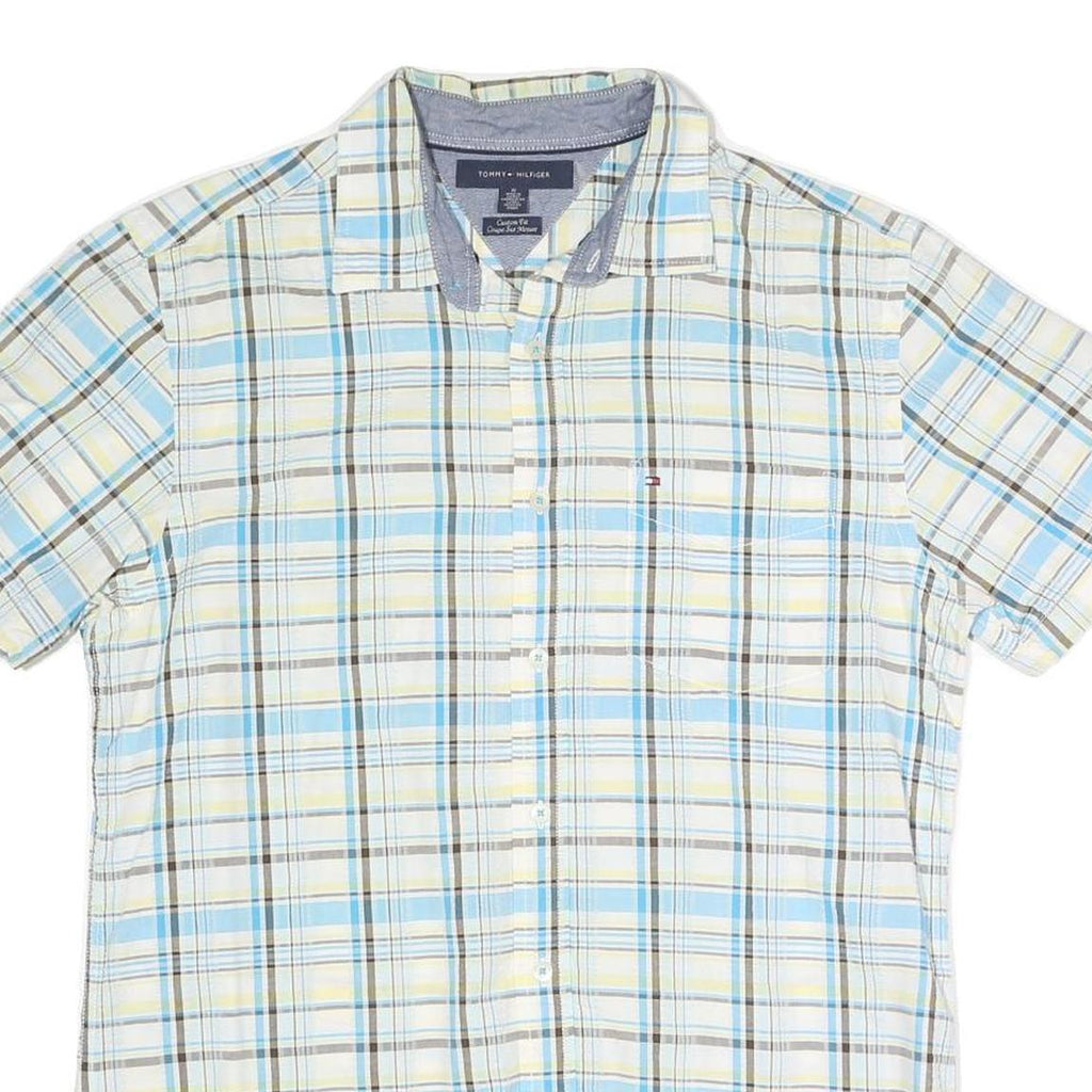 TOMMY HILFIGER Mens Blue Beige Check Shirt M Cotton Blend Short Sleeve Casual