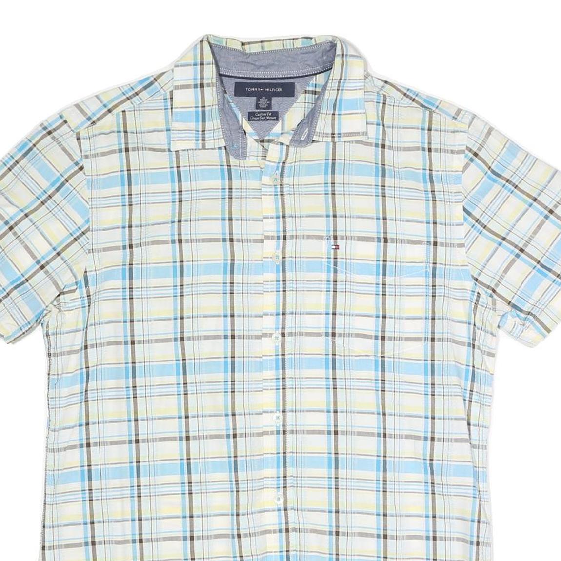 TOMMY HILFIGER Mens Blue Beige Check Shirt M Cotton Blend Short Sleeve Casual