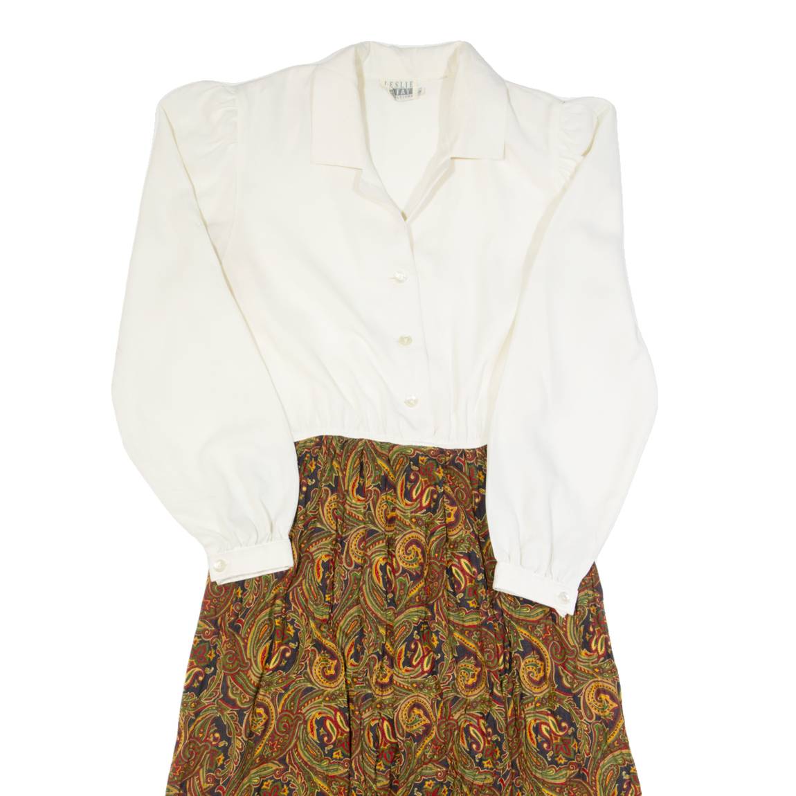 LESLIE FAY Womens A-Line Dress White 90s Paisley Long Sleeve Long M