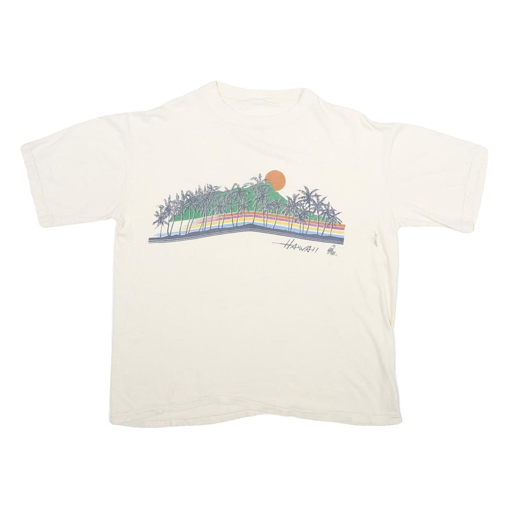 POLY TEES Mens White Hawaii Graphic T-Shirt L Short Sleeve Crew Neck Cotton