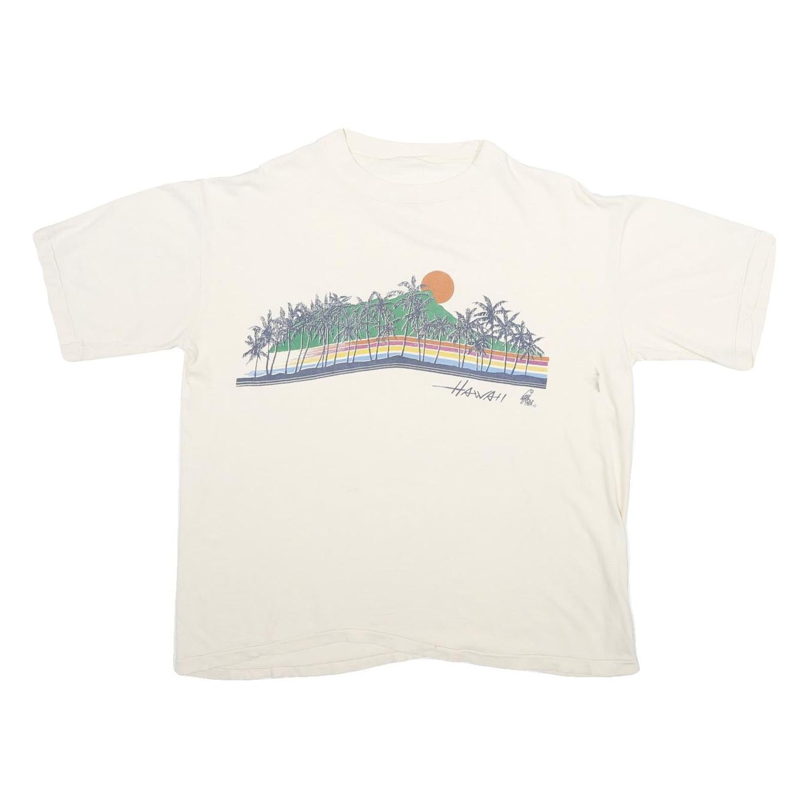 POLY TEES Mens White Hawaii Graphic T-Shirt L Short Sleeve Crew Neck Cotton
