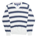 TOMMY HILFIGER Mens Patterned Jumper White Striped V-Neck Tight Knit M