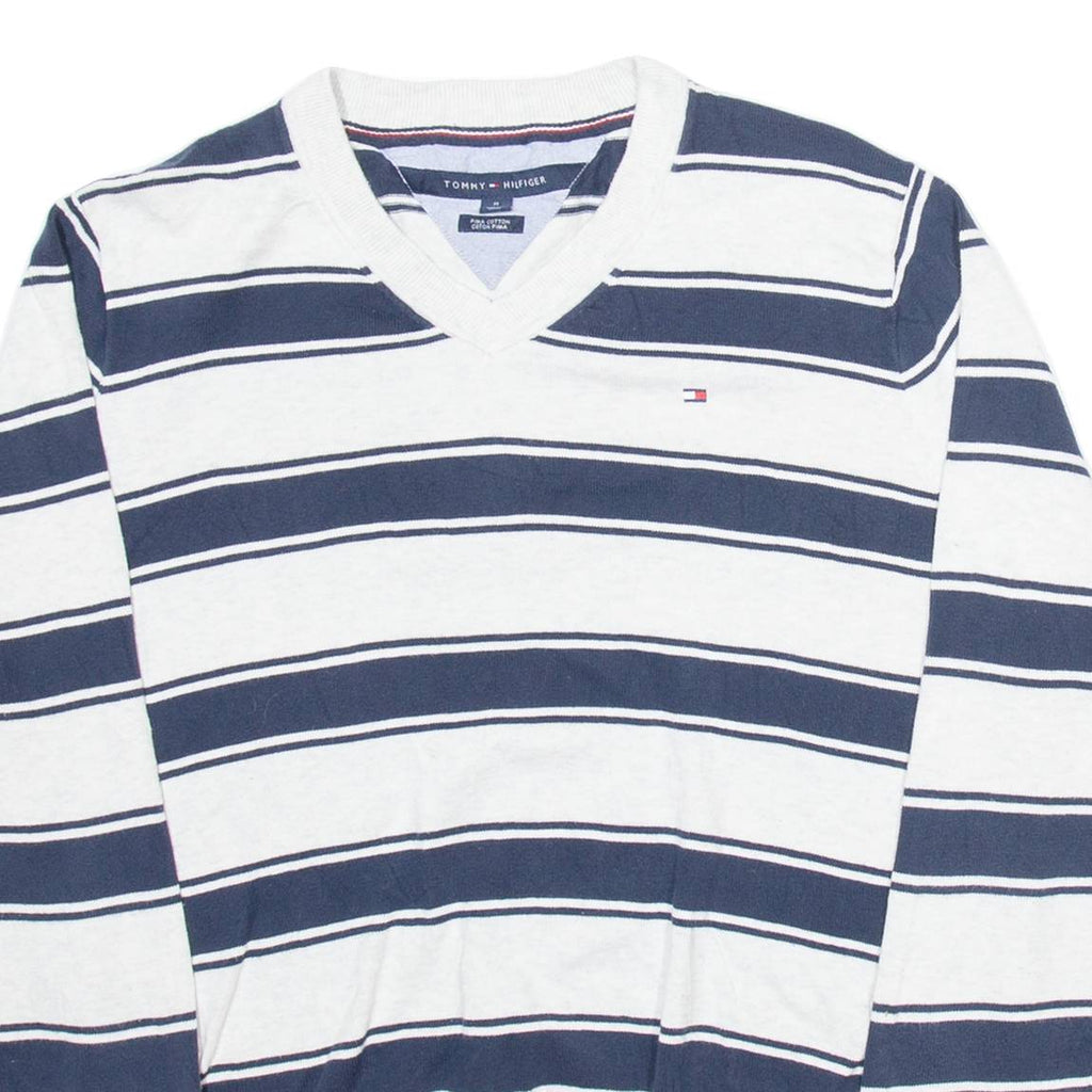 TOMMY HILFIGER Mens Patterned Jumper White Striped V-Neck Tight Knit M