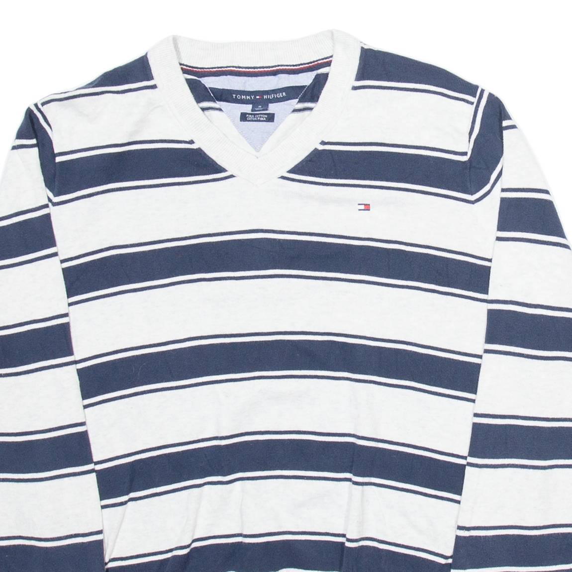 TOMMY HILFIGER Mens Patterned Jumper White Striped V-Neck Tight Knit M
