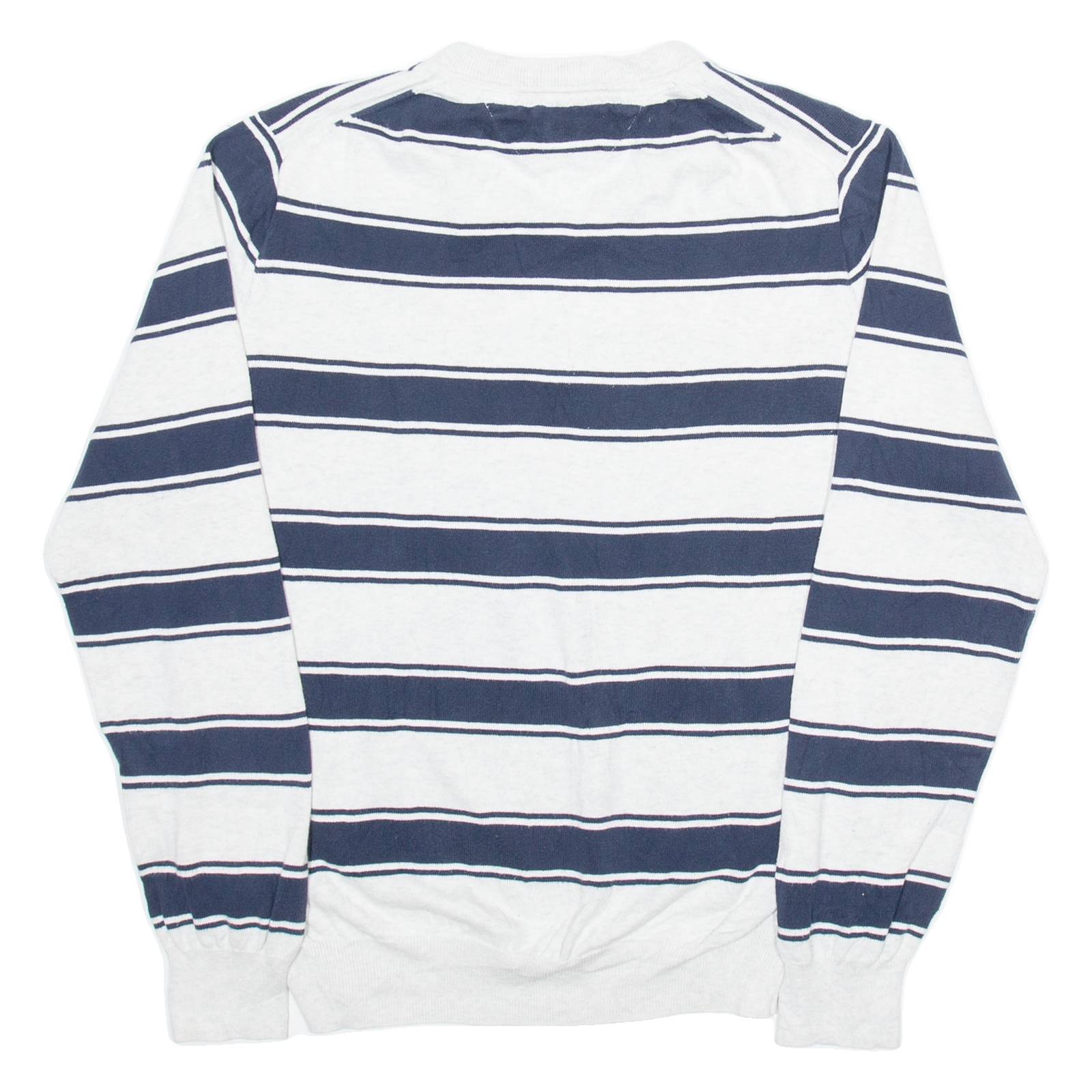 TOMMY HILFIGER Mens Patterned Jumper White Striped V-Neck Tight Knit M