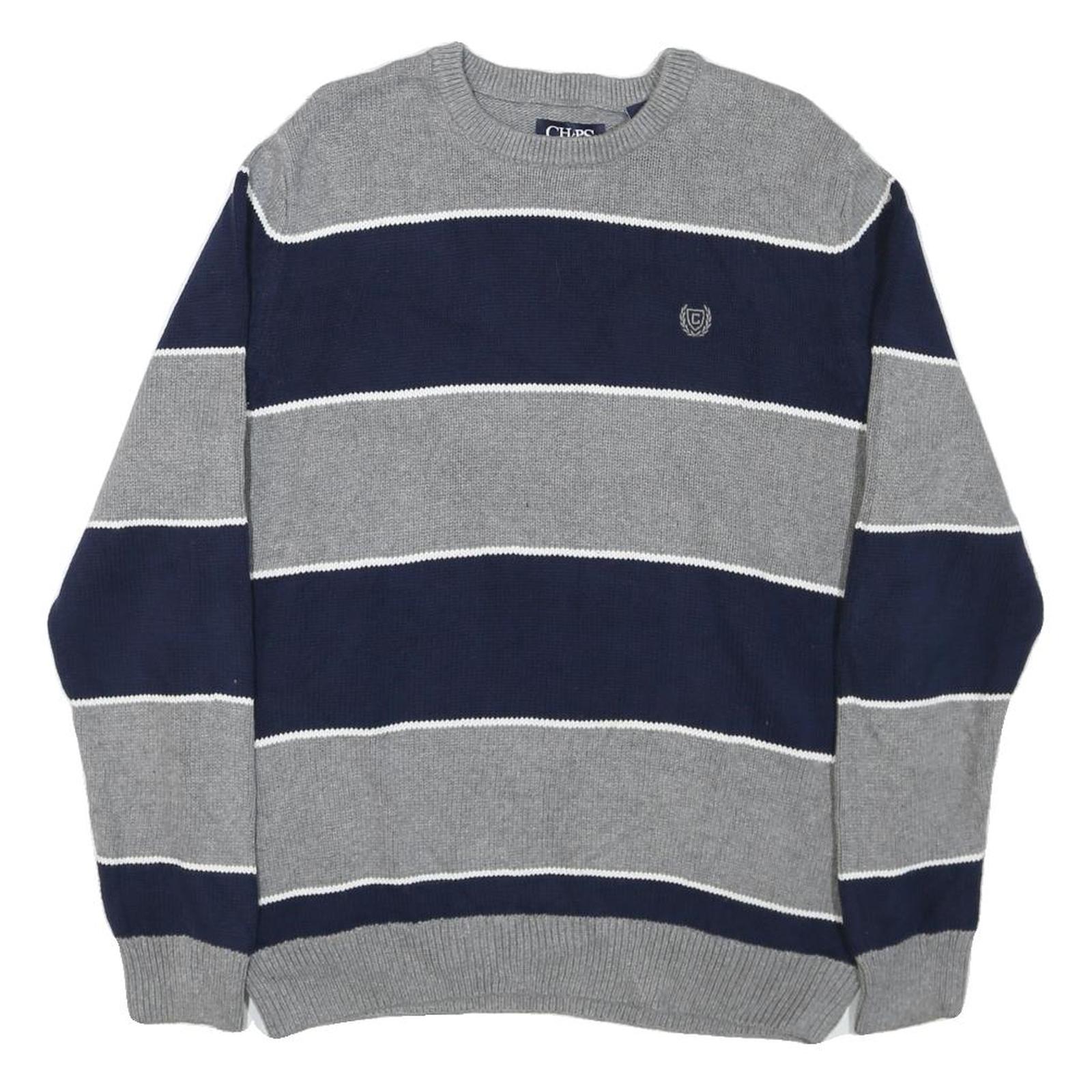 CHAPS Mens Grey & Blue Patterned Cotton Blend Jumper Crew Neck Chunky Knit M