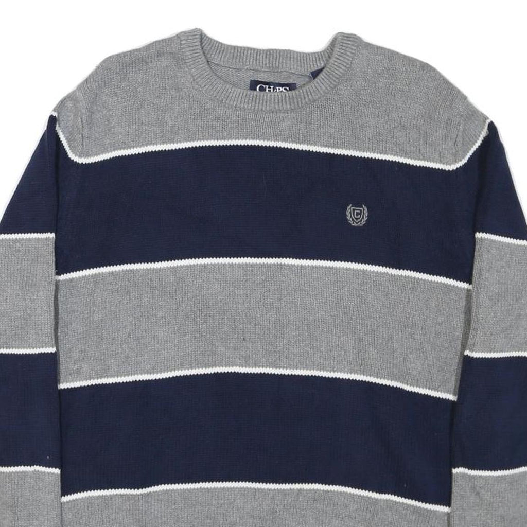 CHAPS Mens Grey & Blue Patterned Cotton Blend Jumper Crew Neck Chunky Knit M
