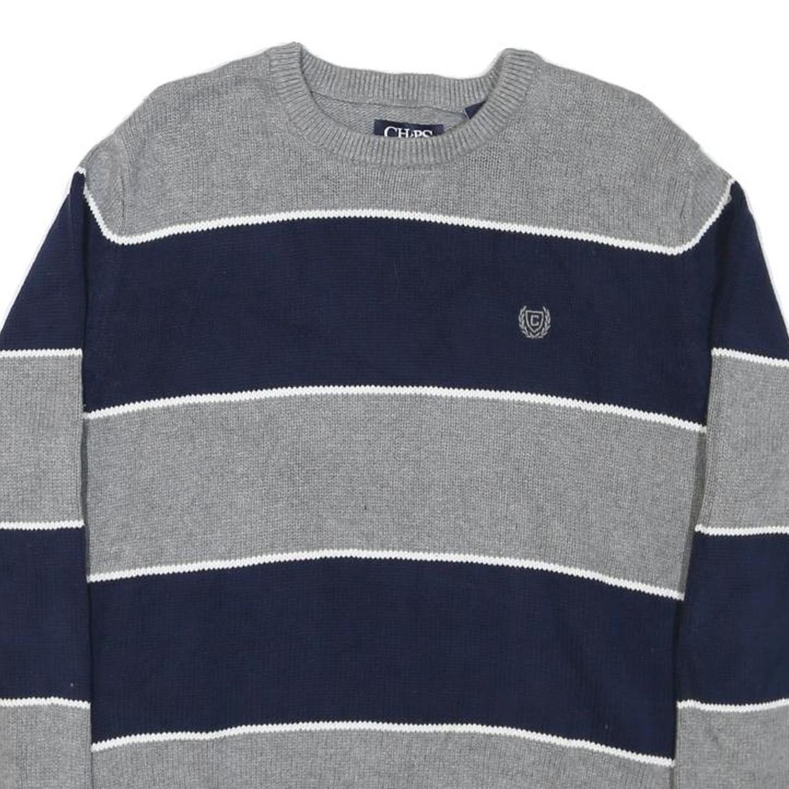 CHAPS Mens Grey & Blue Patterned Cotton Blend Jumper Crew Neck Chunky Knit M